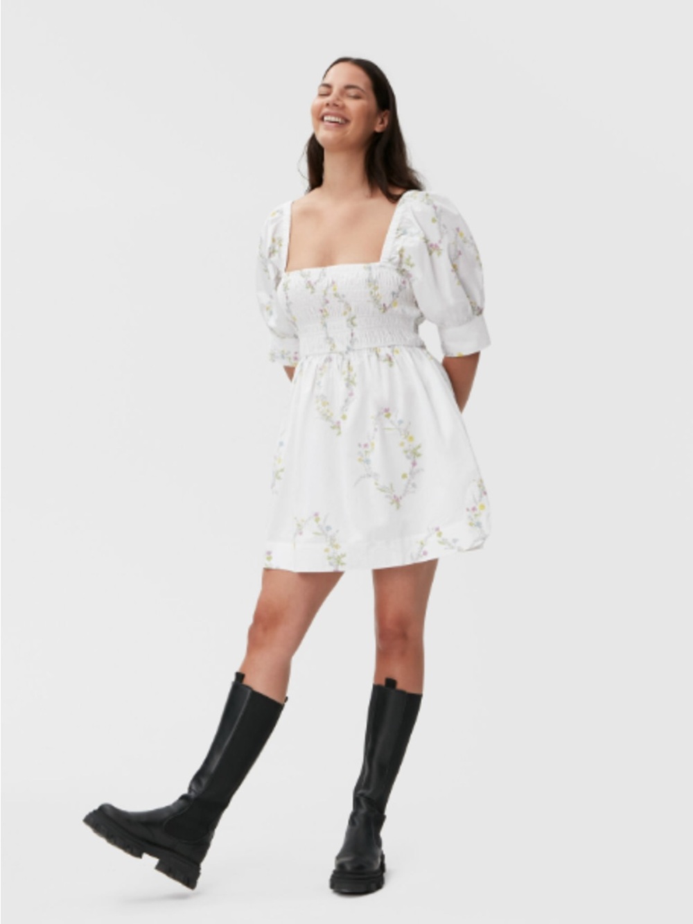 Ganni White Floral Smocked Puff-Sleeve Mini Dress